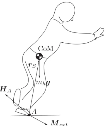 Figure 1 General model of a falling human: With respect to the fixed point A, the motion is characterized by the net angular momentum vector H A and its rate of change H˙ A across all body segments