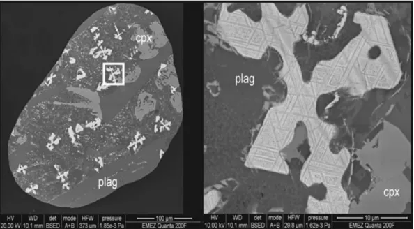 Figure 1. Backscattered electron images of basaltic fragment containing clinopyroxene (cpx), plagioclase (plag) and ferriferous grains with cruciform morphology (a); enlarged cruciform particle indicated in (a) showing exsolution features (b).