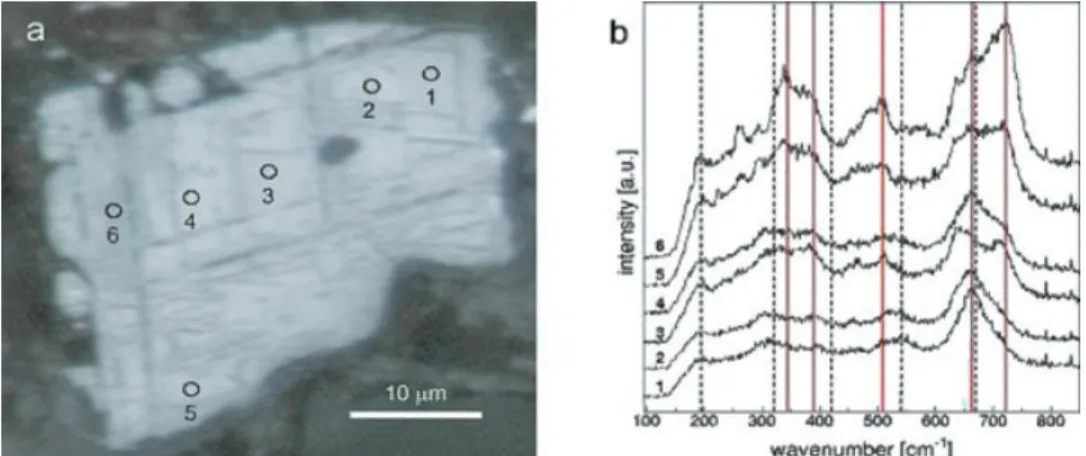Figure 3. Reflectance light micrograph of a magnetic particle, numbers correspond to the micro-Raman analysis spots (a)