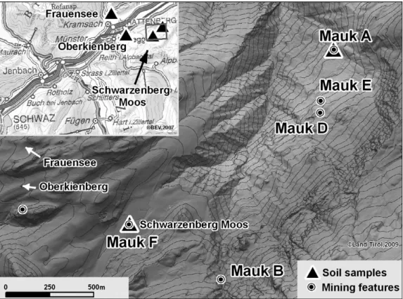 Figure 1. Location of the principal sites discussed, with (inset) location of the pollen sampling points.