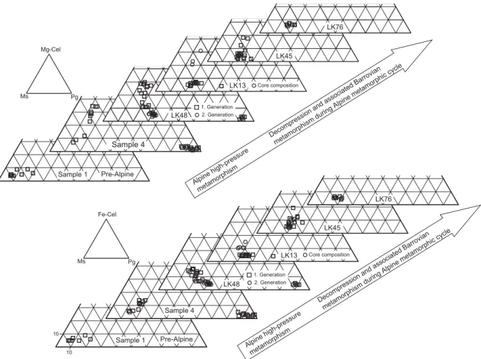 Fig. 6. White mica compositions for the studied samples in terms of paragonite (Pg), muscovite (Ms) and Mg-celadonite (Mg-Cel) or Fe-celadonite (Fe-Cel) triangular plots
