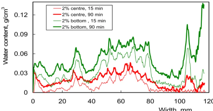 Figure 7: Water content in horizontal direction in the center and at the bottom of cracked SHCC after imposed tensile strain of 2.0 %