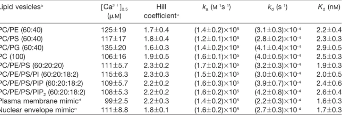 Table 1 Ca 2 q requirement and kinetic constants for membrane binding of human (C115A)L q S m -calpain determined from SPR analysis a .
