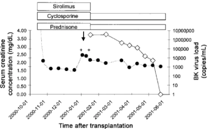 Figure 1. Time course (year-month-day) of serum creatinine con- con-centration, immunosuppression, and BK virus load