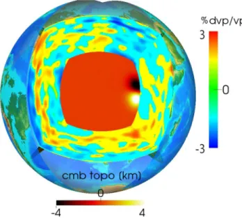 Figure 3. The v p structure of the S40RTS+P12 model discretized to re- re-solve waves down to 10 s with the topography inserted at the CMB, after removing one of the cubed sphere chunks characterizing the SPECFEM3D GLOBE mesh