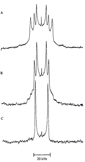 Fig. 4. &#34;H-nmr spectra of bilayers of i,2-dipalmitoyl-sn-glycero-3-phospho- i,2-dipalmitoyl-sn-glycero-3-phospho-choline (A, B) and i,3-dipalmitoyl-sn-glycero-2-phosphoi,2-dipalmitoyl-sn-glycero-3-phospho-choline (C)