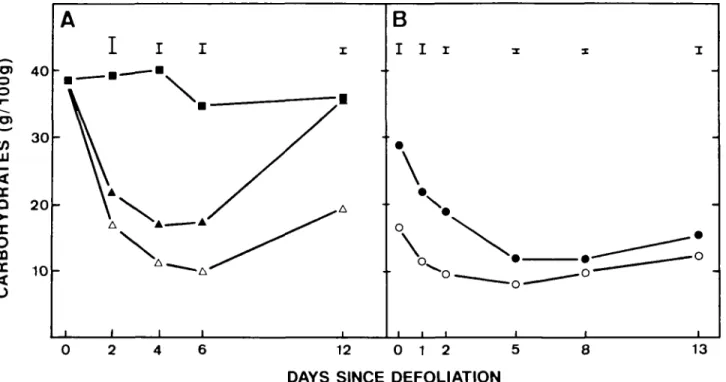 FIG. 1. Decrease in content of non-structural carbohydrates on a residual dry weight basis in stolons after defoliation, (A) Effect of the extent of defoliation: Slight defoliation (A), severe defoliation (A), control  ( • ) 