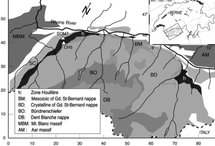 Figure 1. Tectonic map of the studied area showing the location of the boreholes SOM7 and CH5 (triangles).