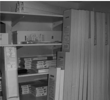 Fig. 2. In-house stock holding most current device configurations for abdominal (bifurcated grafts (body diameter 23–32 mm) and limbs are horizontal), aorto-mono-iliac grafts (vertical on the left) and thoracic (vertical on the right: 24–46 mm in diameter 