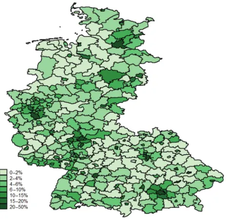 Figure 1: Regional variation of after-school center-based care supply in West Germany Note: County-specific offer rate, i.e