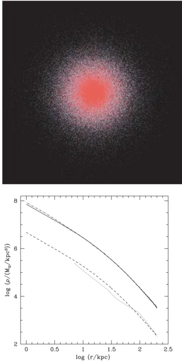 Figure 1. The upper panel shows the initial particle distribution (dark matter in white, gas in red; the box has a side length of 1200 kpc) and the lower panel the radial density profiles of gas and dark matter: the density of the dark matter initially is 