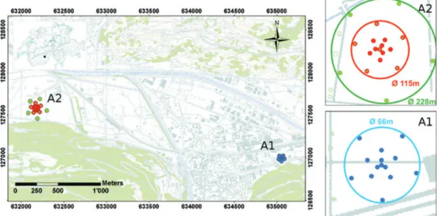 Figure 11. Location of the two array measurement sites in the area of Visp (Switzerland)