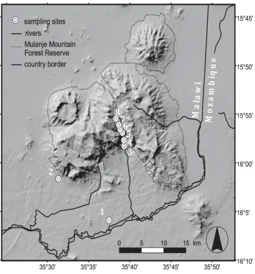 Figure 1. Shaded relief map of the study area with locations of sampling sites.