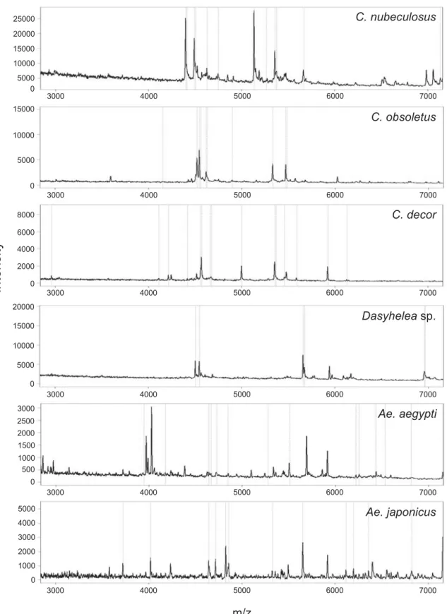 Fig. 3. Matrix-assisted laser desorption/ionization time of ﬂ ight (MALDI-TOF) mass spectra of di ﬀ erent larvae