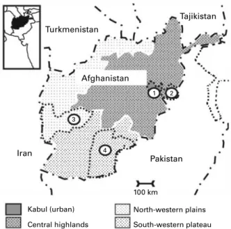 Fig. 1. Schematic map of Afghanistan showing eco-zones suveyed. Numbers refer to provinces where the survey was carried out: (1) Kabul; (2) Nangarhar; (3) Farah and (4) Kandahar.