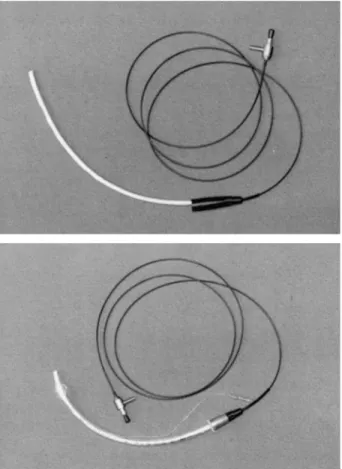 Figure 1  Malleable, video-optical intubation stylet (od 5 mm)  with proximal tracheal tube (TT) connector, 2 m of transmitting  cable (od 2.3 mm) and video camera–light source (top)