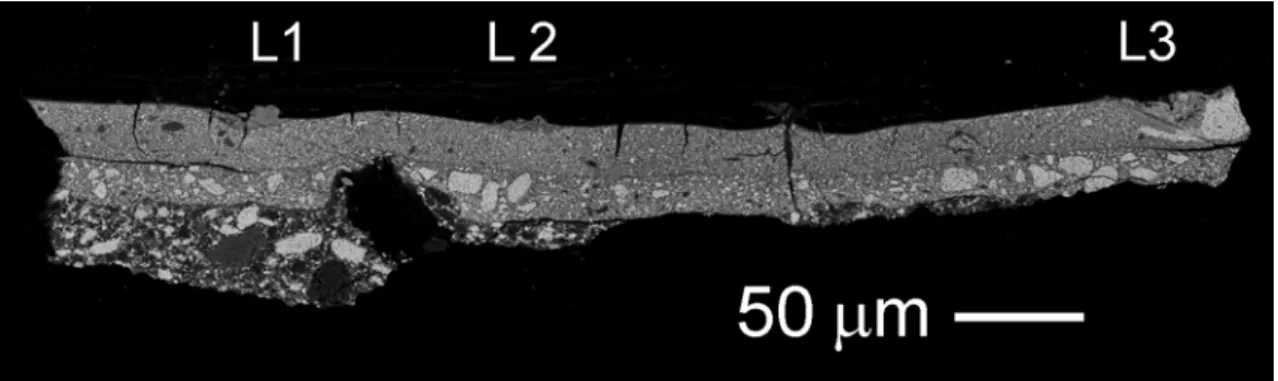Fig. 1: Back scatter SEM of a paint from a white tile in The Art of Painting. The greyish  material at L1, L2 and L3 are palmierite aggregates