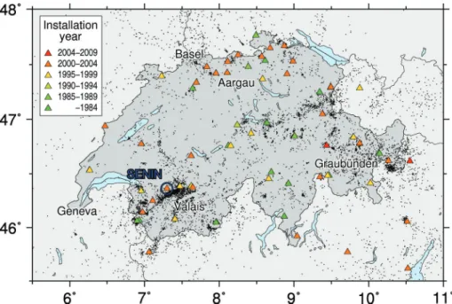 Figure 1. Location map of seismograph stations (triangles) and earthquakes (circles) in and around Switzerland
