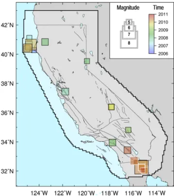 Figure 1. Catalogue of RELM target earthquakes, modified from fig. 1 in Zechar et al. (2013)