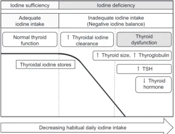 Figure 5 The physiological stages of iodine status. The graph illustrates a simpliﬁed model of human iodine and thyroid status at diﬀerent stages (left to right) of iodine intake: suﬃcient iodine intake, low iodine intake without thyroid dysfunction, and, 