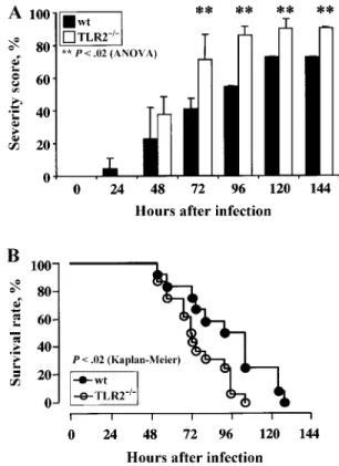 Figure 1. A, Percentage of wild-type (wt; n p 22 ) and Toll-like re- re-ceptor-2–deficient (TLR2 ⫺ / ⫺ ; n p 21 ) mice showing high severity score (including score 4 and score 5) after intracerebral injection of 2 ⫻ 10 2 cfu of Streptococcus pneumoniae