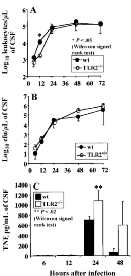 Figure 5. Time course of cerebrospinal fluid (CSF) parameters in wild-type (wt) and Toll-like receptor-2–deficient (TLR2 ⫺ / ⫺ ) mice ( n p 12 at each time point in both groups) after intracerebral injection of 3 ⫻ 10 3 cfu of Streptococcus pneumoniae