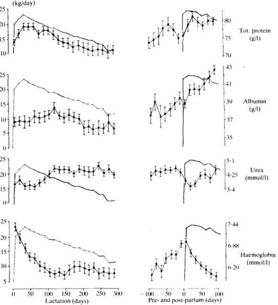 FIG. 3. Blood plasma concentrations of total protein, albumin, urea and haemoglobin (J  J ) during a 305-day lactation period and 100 days before and after the ensuing parturition in relationship to uncorrected milk yield (•  • ) , measured in 36 animals a