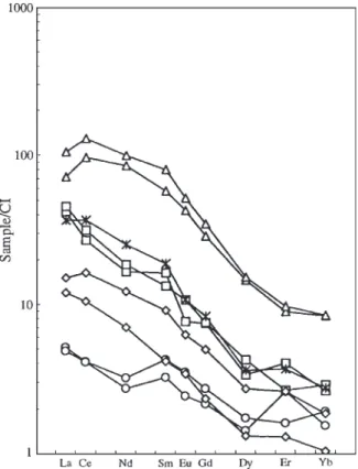 Fig. 8. Chondrite-normalized REE patterns of clinopyroxene: Β ,