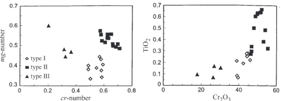 Fig. 2. cr-number vs mg-number and Cr 2 O 3 vs TiO 2 diagrams of Finero chromites. (See text for descriptions of types I, II and III.)