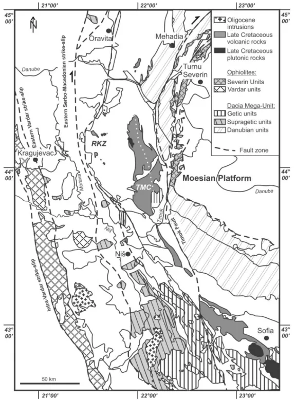 Fig. 2. Geological map of eastern Serbia showing the Proterozoic to Mesozoic basement and Cretaceous magmatic rocks of the Timok Magmatic Complex (TMC) and Ridanj^Krepoljin Zone (RKZ) (modified after Kra«utner &amp; Krstic, 2003)