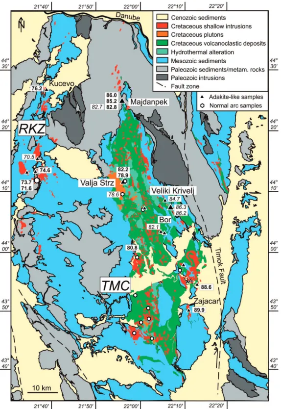 Fig. 3. Geological map of the two main belts of calc-alkaline magmatic rocks in eastern Serbia: the Timok Magmatic Complex (TMC) and the Ridanj^Krepoljin Zone (RKZ) (modified after Ciobanu et al., 2002)