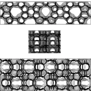 Fig. 4. HRTEM image of TNU-9 taken along the [010] zone axis [39]. The insets show the corresponding SAED pattern (left), the  con-trast-transfer-function corrected and symmetry-averaged image, from which the phases were calculated (middle), and the comput