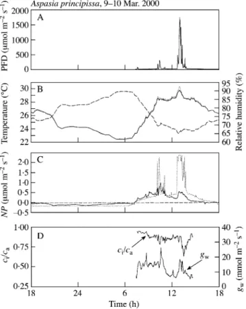 Table 2. Integrated gas exchange parameters for mature leaves of Aspasia principissa