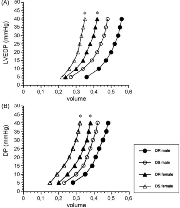 Fig. 3. Before ischemia (panel A) end-diastolic pressure—volume relationship of female hearts are positioned left of male hearts ( * p < 0.05), indicating smaller LV cavity size and more concentric hypertrophy in hypertensive hearts.