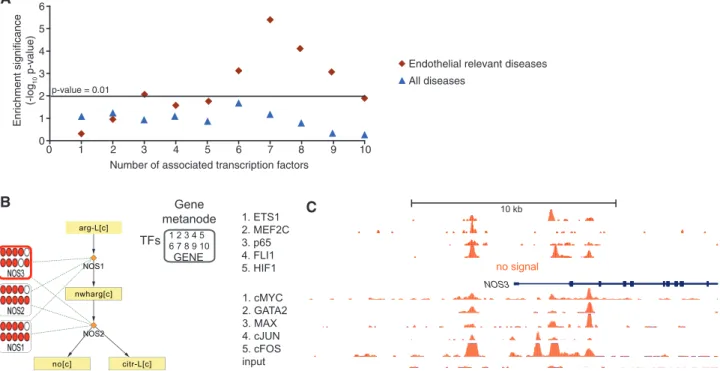 Table 1. Endothelial disease relevant genes exposed by association to multiple TFs in HUVEC data