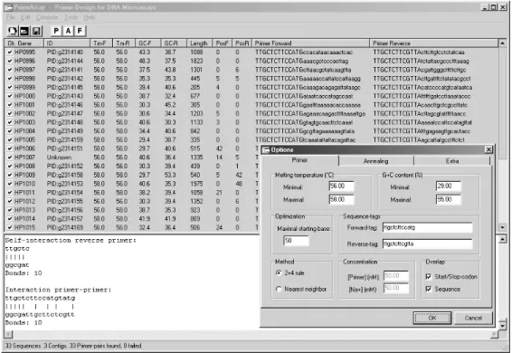 Fig. 1. Screenshot of the graphical user-interface of PrimeArray. The GUI is split into the results window (grey) showing designed primers and the messages window (white) which shows details of unfavorable interactions.