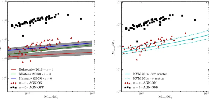 Figure 2. Left: results from our simulations versus the halo mass versus stellar mass relation at redshift z = 0 from Hansen et al