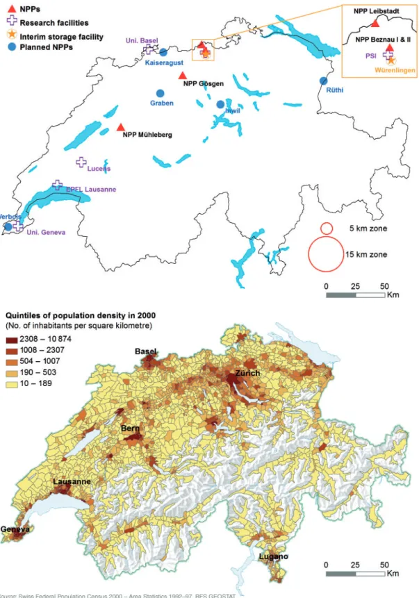 Figure 1 Maps showing sites of nuclear facilities and population density in Switzerland