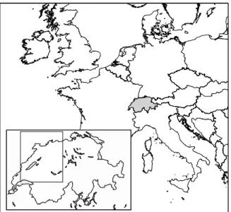 Figure 1. Location of study area within Europe and Switzerland. The inner inset corresponds to the area of Fig