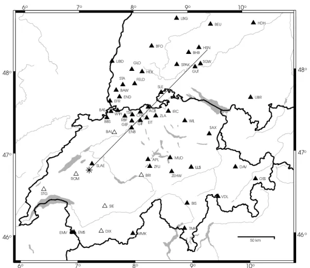 Figure 6. Station map with the ray-trace profile shown in Fig. 7. Stations denoted by empty triangles were used in the relative location procedure.