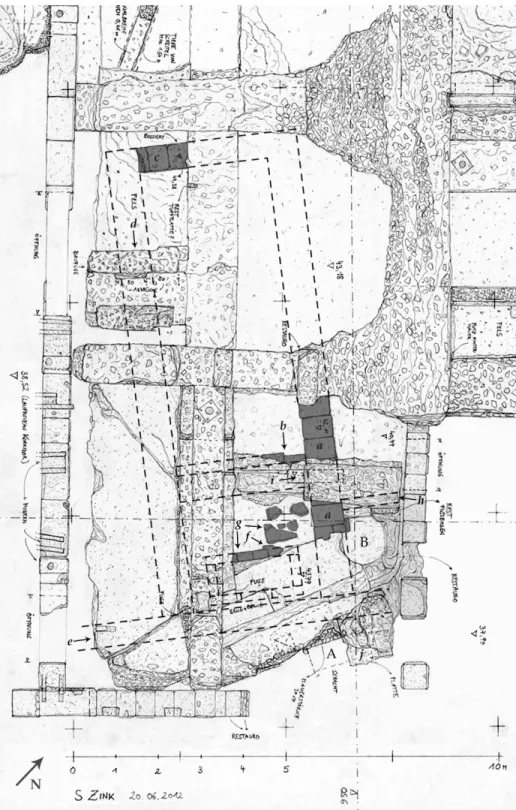 Fig. 3. Area of sanctuary of Apollo, detail of the set of walls southwest of the temple of Apollo, with both the  remains and the reconstruction of an Archaic building, the earliest structure in the area (original drawing  2010-12 at scale 1: 50, printed h
