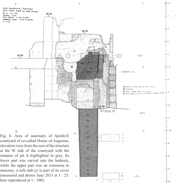 Fig.  6.  Area  of  sanctuary  of  Apollo/E  courtyard of so-called House of Augustus,  elevation view from the east of the structure  at  the  W  side  of  the  courtyard  with  the  remains  of  pit  A  highlighted  in  grey