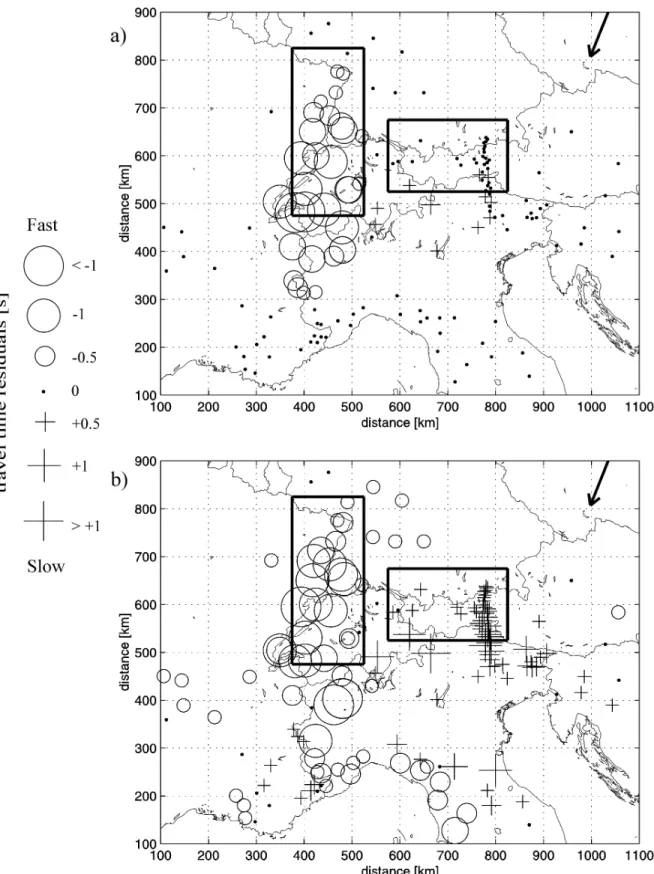 Figure 10. (a) Crustal-corrected (mantle) traveltime residuals. (b) Uncorrected residuals including the effect of the 3-D crustal structure