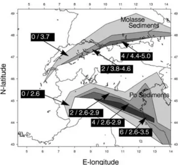 Figure 2. Molasse and Po plain near-surface sedimentary basin informa- informa-tion, discretized by polygones