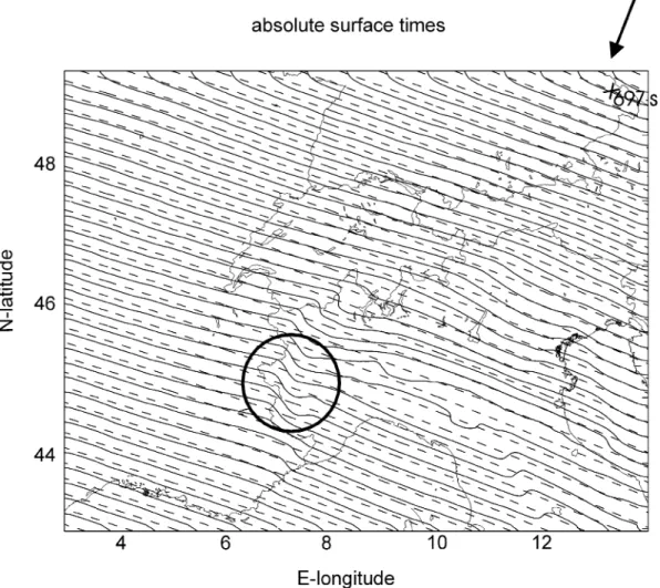 Figure 7. P-wave traveltimes (contoured at 1 s intervals) at the surface of the 3-D Alpine model (solid lines) and the 1-D reference model (dashed lines) (see Fig