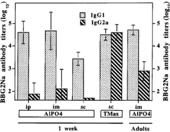 Figure 2. Isotype distribution of antibodies after neonatal BBG2Na immunization. Mice were immunized at age 1 week or as adults with 20 mg of BBG2Na resuspended in AlPO 4 and given intraperitoneally (ip), intramuscularly (im), or subcutaneously (sc) or wit