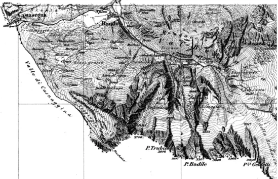 Fig. 5. Lower Part of Bregaglia Valley. Taken from the second Swiss Ordnance Map, section 9, sheet XX “Castasegna,” published in 1877