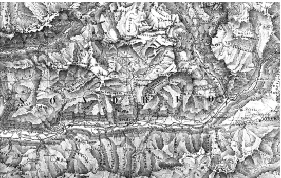 Fig. 2. The Bregaglia, Poschiavo, and Valtellina Valleys. Section of the 1850 map by Jakob Melchior Ziegler (Ziegler 1850).