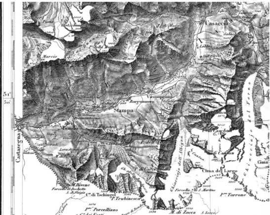 Fig. 3. The Bregaglia Valley. Section of the Swiss Ordnance Map directed by G. H. Dufour (Scale 1:100.000, 1862) (Dufour [1842–1864] 1988).