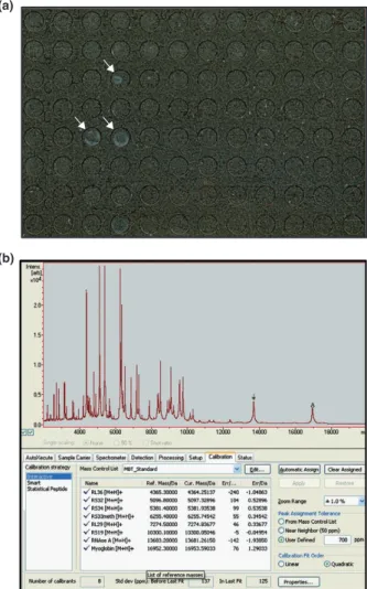 Fig. 7. Quality control for MALDI-TOF MS. (a) Presence of residual materials on some wells (especially C4, E3, and E4, indicated by white arrows) of a MALDI-TOF microplate after a routine wash, highlighting the importance of careful wash after each usage; 